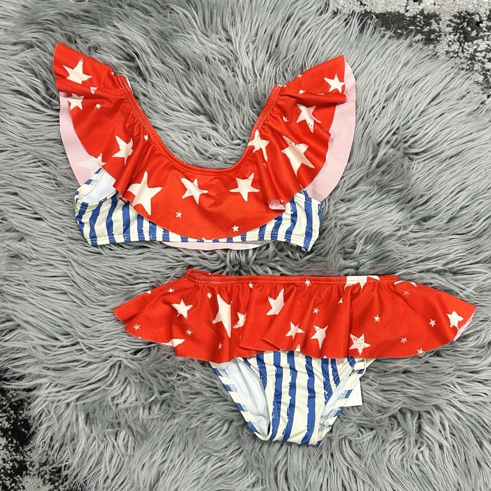 Noé & Zoë Girls Blue Stripes Patriotic Ruffle Bikini UV‎ 50 ($65) 4T